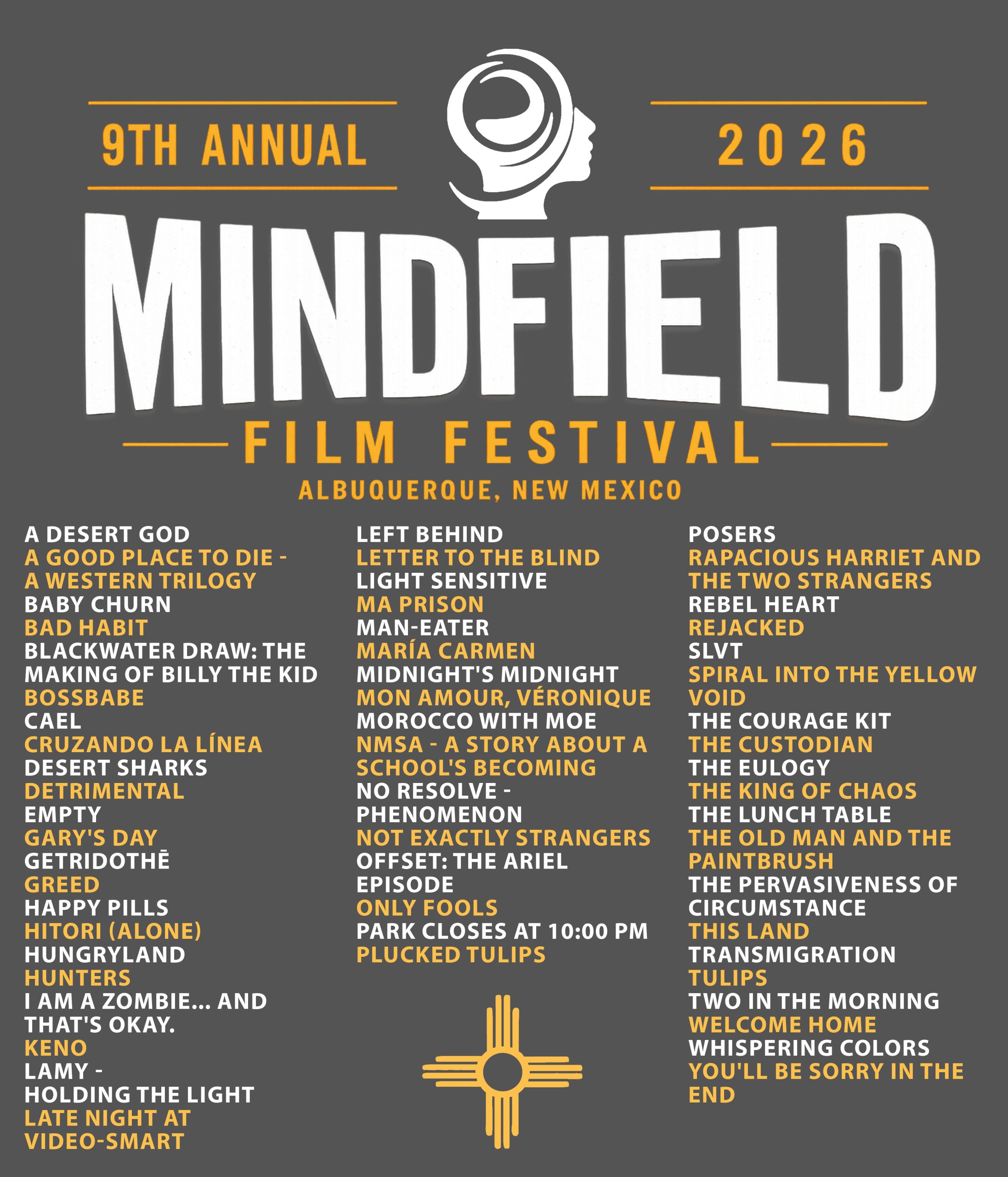 2026 Mindfield Film Festival T-shirt back artwork featuring official selections